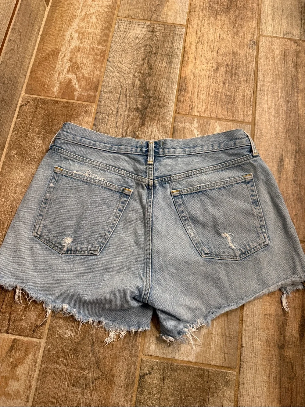 Agolde Light Blue Parker Long Distressed Denim Cutoff Shorts Size 31